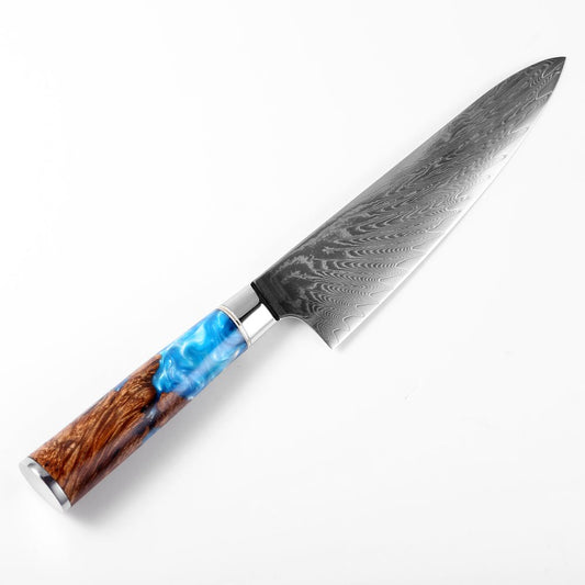 Gyuto Damascus Steel Knife with Coloured Blue Resin Handle
