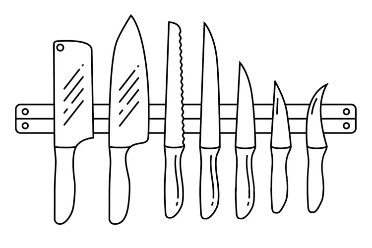 Line illustration of seven kitchen knives, from cleaver to paring knife, held on a wall-mounted magnetic knife rail