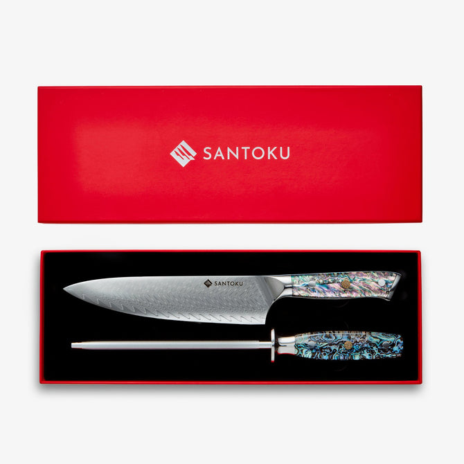 Chikashi Damascus Chef Knife & Steel Set With Abalone Handle