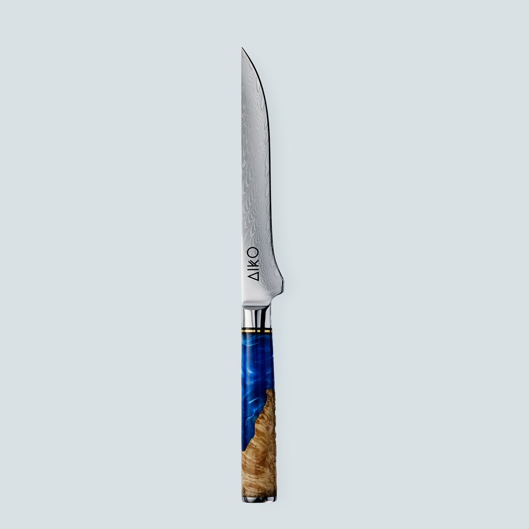 Aiko Blue (あいこ, アイコ) Damascus Steel Knife with Coloured Blue Resin Handle - 6pcs Set | Santoku Knife